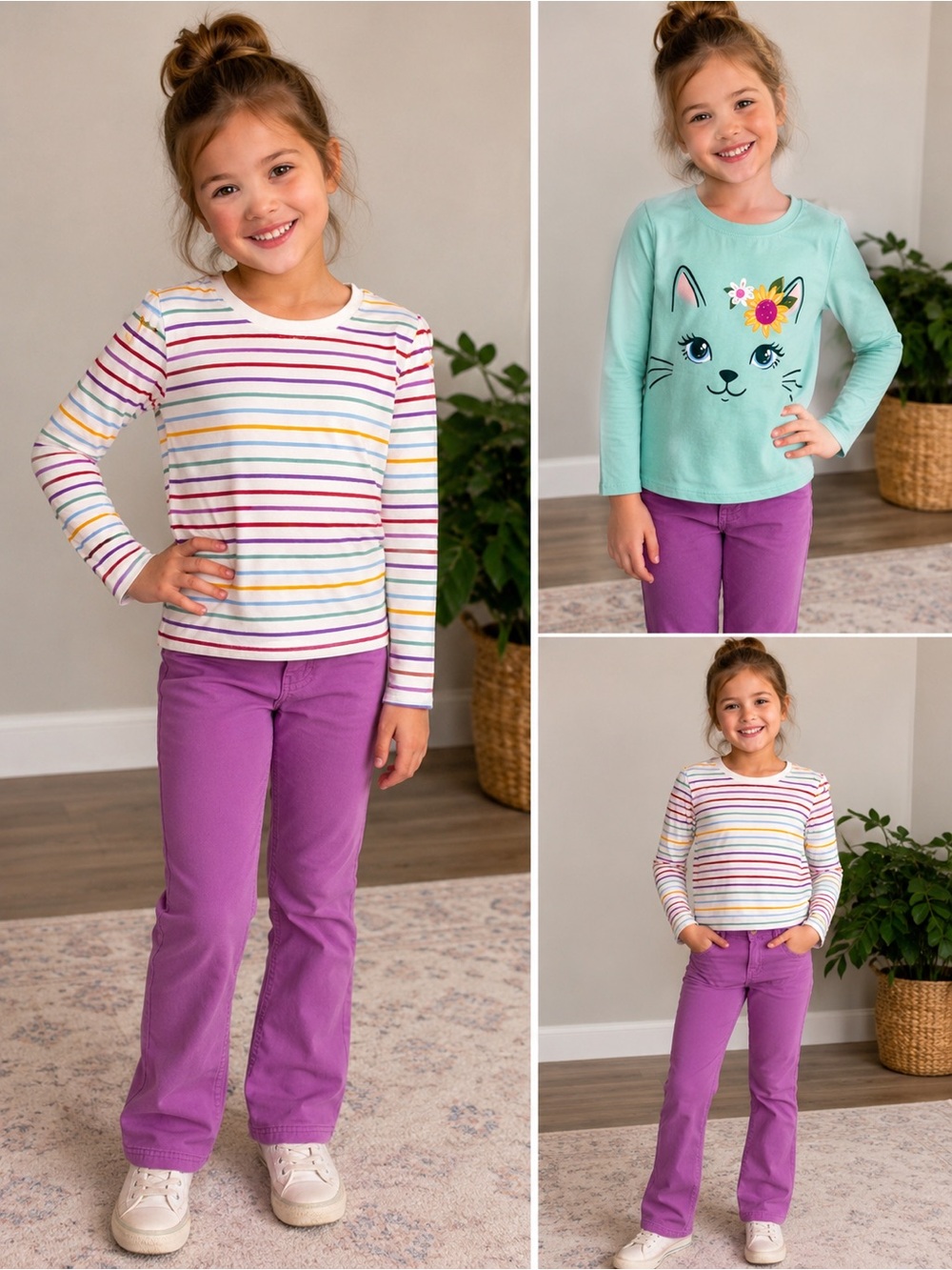 jumping beans Mint Cat Graphic & Multi-Stripe Long-Sleeve Tee Set